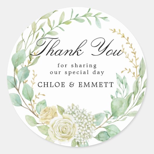 Blauw Wit Bloemen Trouwgunst Dank u Ronde Sticker (Voorkant)