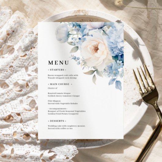 Blauw & Wit Bloemen Trouwmenu's Menu