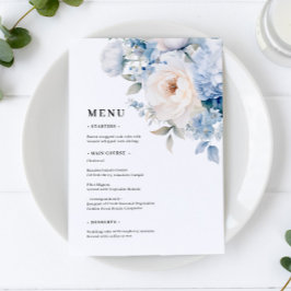 Blauw & Wit Bloemen Trouwmenu's Menu