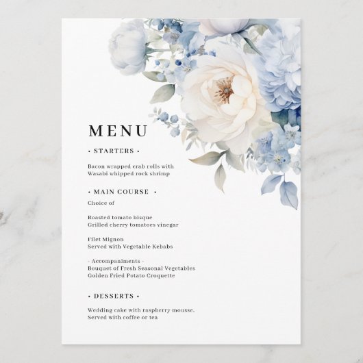 Blauw & Wit Bloemen Trouwmenu's Menu (Voorkant)