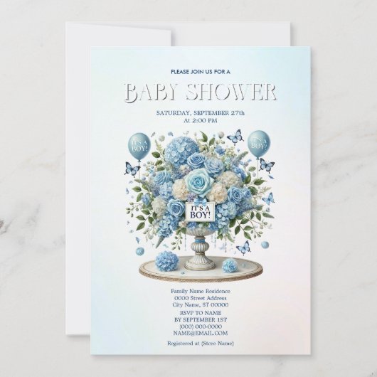 Blauw Wit Bloemen Vaas Baby shower Kaart (Voorkant)
