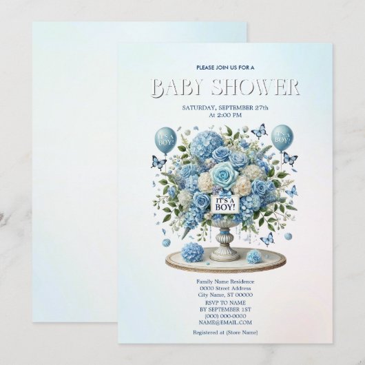 Blauw Wit Bloemen Vaas Baby shower Kaart (Voorkant / Achterkant)