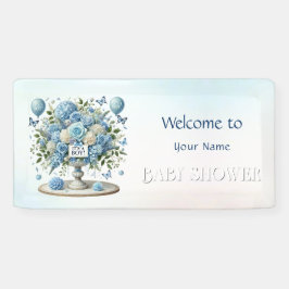 Blauw Wit Bloemen Vaas Baby shower Spandoek