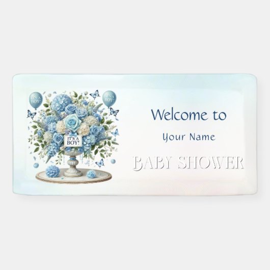 Blauw Wit Bloemen Vaas Baby shower Spandoek (Horizontaal)