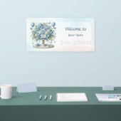 Blauw Wit Bloemen Vaas Baby shower Spandoek (Beurs)