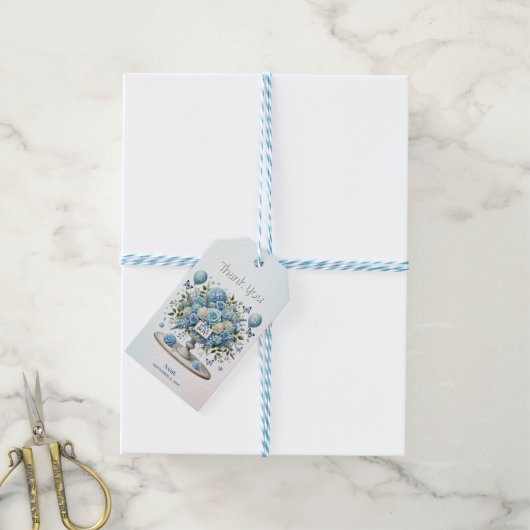 Blauw Wit Bloemen Vaas Gift Label Cadeaulabel (Met Touw)