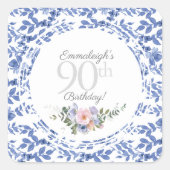 Blauw Wit Bloemen Verjaardag Vierkante Sticker (Voorkant)