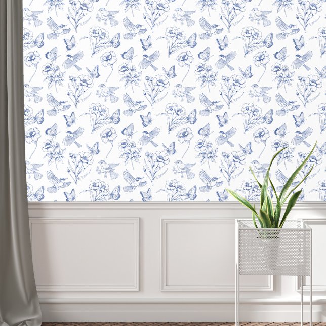  Blauw & Wit Bloemen Vlinder Vlinders Speelgoed Behang (Beautiful blue and white floral birds, butterflies, flowers toile du jouy pattern elegant wallpaper)