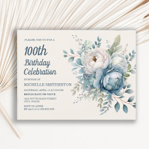Blauw Wit  Bloemen Vrouwen 100e Verjaardag Uitnodiging Briefkaart