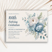 Blauw Wit  Bloemen Vrouwen 100e Verjaardag Uitnodiging Briefkaart