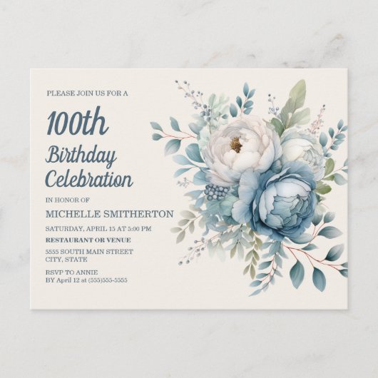 Blauw Wit Bloemen Vrouwen 100e Verjaardag Uitnodiging Briefkaart (Voorkant)