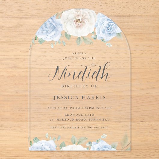 Blauw & Wit Bloemen Waterverf 90ste Verjaardagsfee Acryl Uitnodigingen (Voorkant)