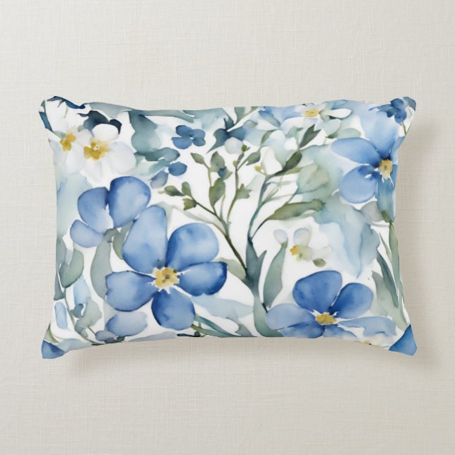 Blauw Wit Bloemen Waterverf Chic Accent Kussen (Voorkant)