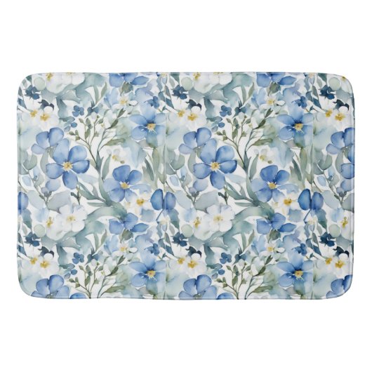 Blauw Wit Bloemen Waterverf Chic Badmat (Voorkant)