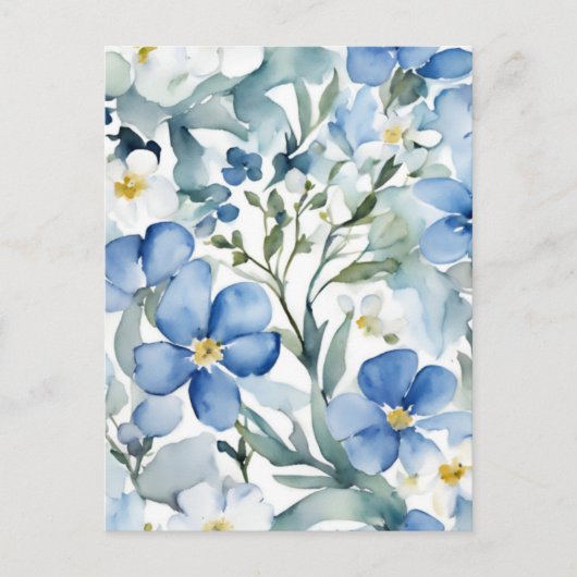 Blauw Wit Bloemen Waterverf Chic Briefkaart (Voorkant)
