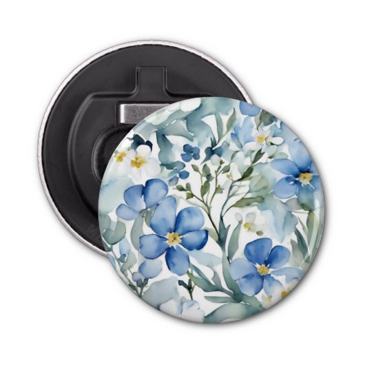 Blauw Wit Bloemen Waterverf Chic Button Flesopener (Voorkant)