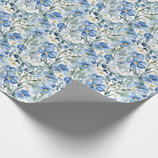 Blauw Wit Bloemen Waterverf Chic Cadeaupapier (Hoek)