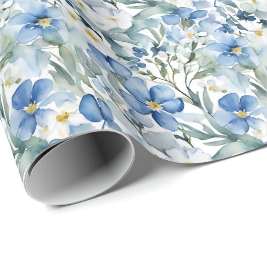 Blauw Wit Bloemen Waterverf Chic Cadeaupapier (Rol Hoek)