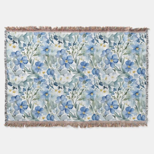 Blauw Wit Bloemen Waterverf Chic Deken (Voorkant)