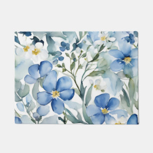 Blauw Wit Bloemen Waterverf Chic Deurmat