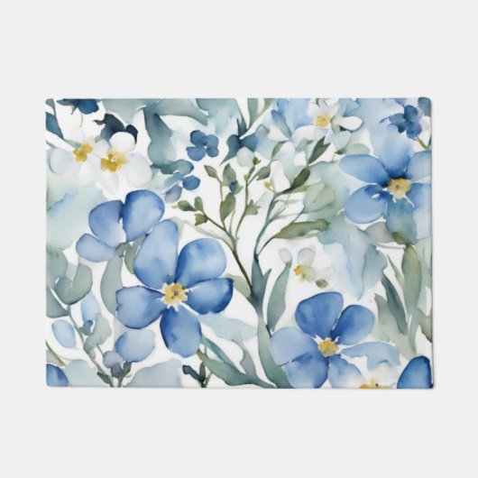 Blauw Wit Bloemen Waterverf Chic Deurmat (Voorkant)