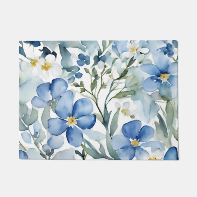 Blauw Wit Bloemen Waterverf Chic Deurmat (Voorkant)