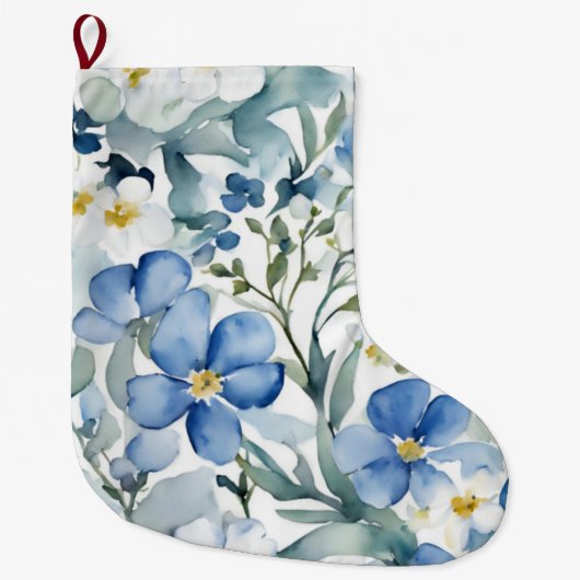 Blauw Wit Bloemen Waterverf Chic Grote Kerstsok (Voorkant)