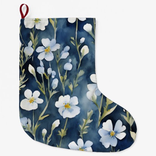 Blauw Wit Bloemen Waterverf Chic Grote Kerstsok (Voorkant)