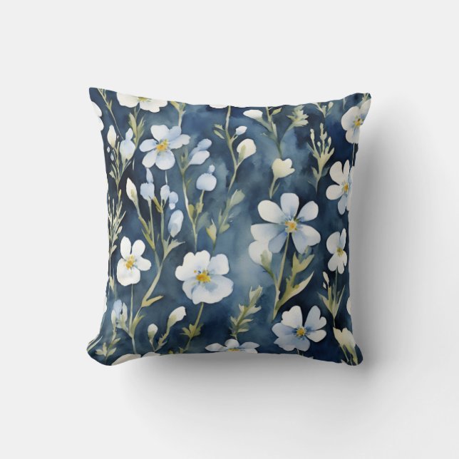 Blauw Wit Bloemen Waterverf Chic Kussen (Voorkant)