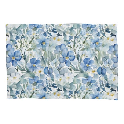 Blauw Wit Bloemen Waterverf Chic Kussensloop (Voorkant)