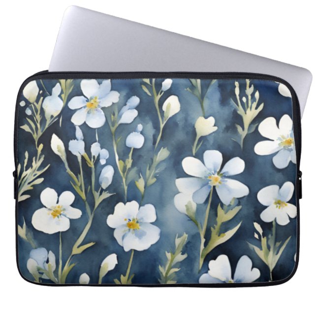 Blauw Wit Bloemen Waterverf Chic Laptop Sleeve (Voorkant)