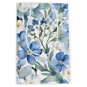 Blauw Wit Bloemen Waterverf Chic Medium Cadeauzakje