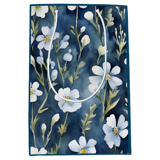 Blauw Wit Bloemen Waterverf Chic Medium Cadeauzakje (Voorkant)