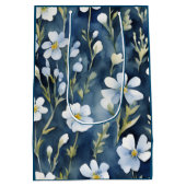Blauw Wit Bloemen Waterverf Chic Medium Cadeauzakje (Achterkant)