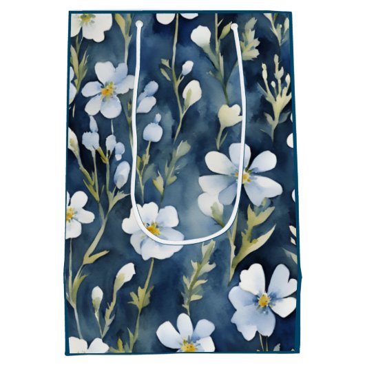 Blauw Wit Bloemen Waterverf Chic Medium Cadeauzakje (Achterkant)