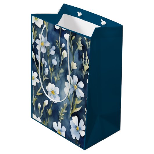 Blauw Wit Bloemen Waterverf Chic Medium Cadeauzakje (Achterkant Gekanteld)