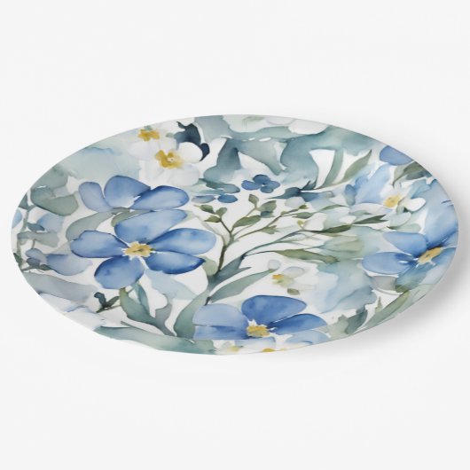 Blauw Wit Bloemen Waterverf Chic Papieren Bordje (Gekanteld)