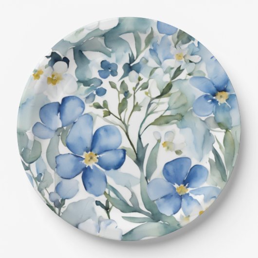 Blauw Wit Bloemen Waterverf Chic Papieren Bordje (Voorkant)