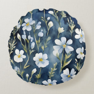 Blauw Wit Bloemen Waterverf Chic Rond Kussen