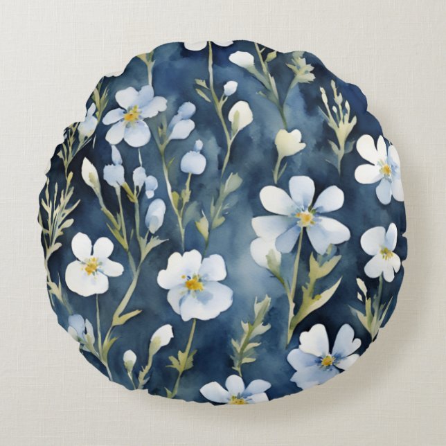 Blauw Wit Bloemen Waterverf Chic Rond Kussen (Voorkant)