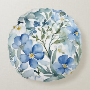 Blauw Wit Bloemen Waterverf Chic Rond Kussen