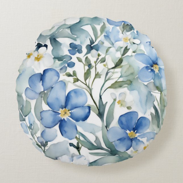 Blauw Wit Bloemen Waterverf Chic Rond Kussen (Voorkant)