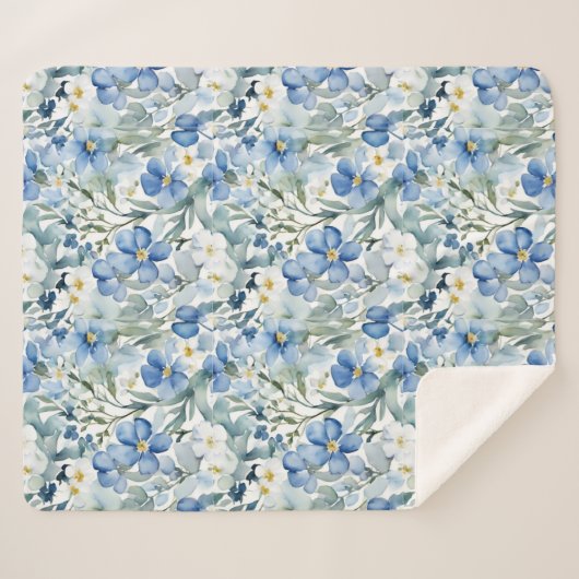 Blauw Wit Bloemen Waterverf Chic Sherpa Deken (Voorkant (horizontaal))