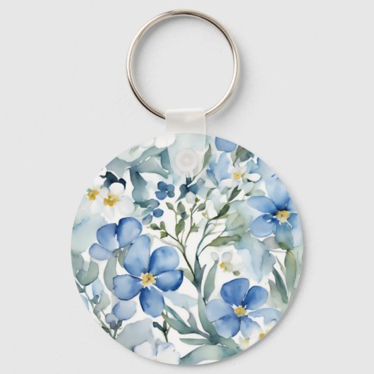 Blauw Wit Bloemen Waterverf Chic Sleutelhanger (Voorkant)
