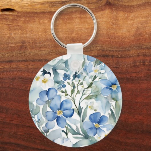 Blauw Wit Bloemen Waterverf Chic Sleutelhanger (Achterkant)