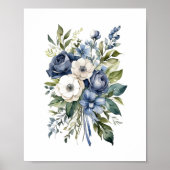Blauw Wit Bloemen Waterverf Elegant Poster (Voorkant)