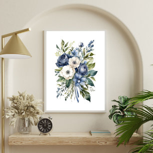 Blauw Wit Bloemen Waterverf Elegant Poster