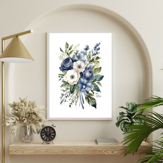 Blauw Wit Bloemen Waterverf Elegant Poster