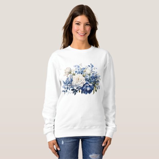Blauw Wit Bloemen Waterverf Trui (Voorkant volledig)