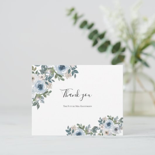 Blauw Wit Bloemen Waterverf Vrijgezellenfeest Bedankkaart (Staand voorkant)